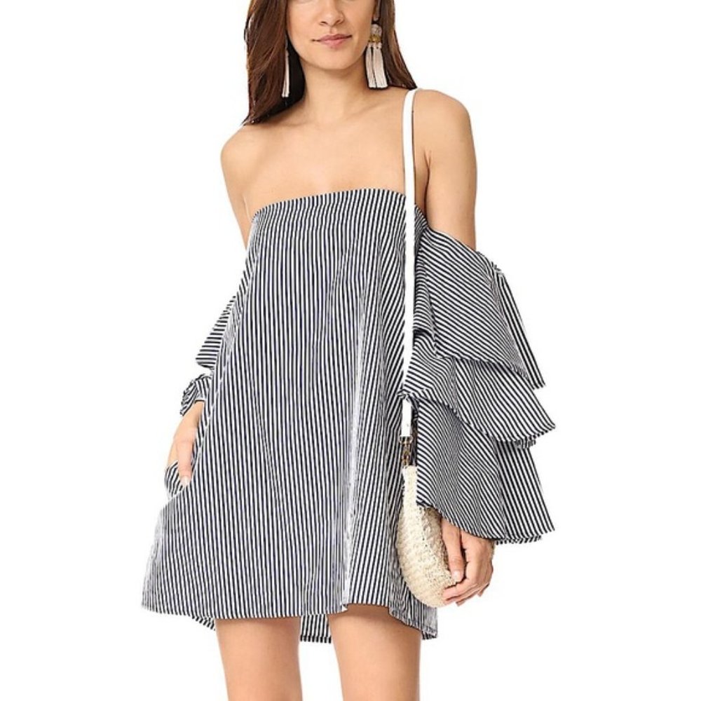 Faithful The Brand Bardot Dress In Stripe With Volume Ruffle Sleeves